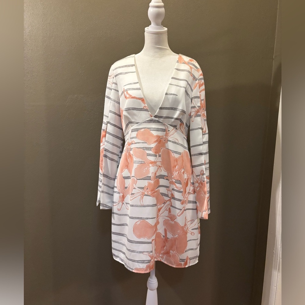Halston Heritage White and Pink Floral Midi Dress